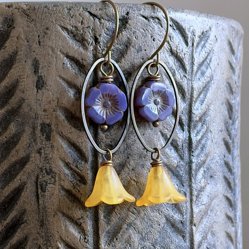 Bohemian Style Floral Earrings - Brass Earrings - Lightweight Czech Glass & Lucite Flower Earrings