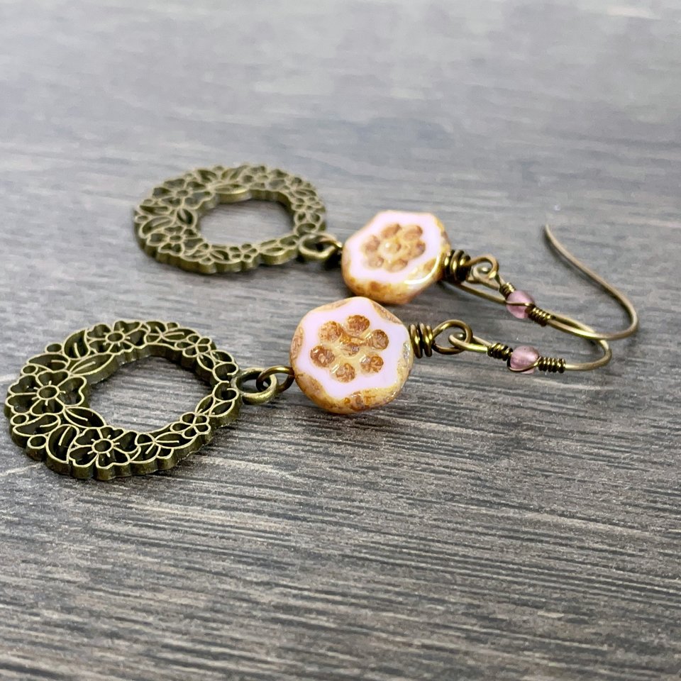 Pink Czech Glass Bead Earrings - Long Dangle Earrings for Spring - Pretty and Feminine Floral Jewellery