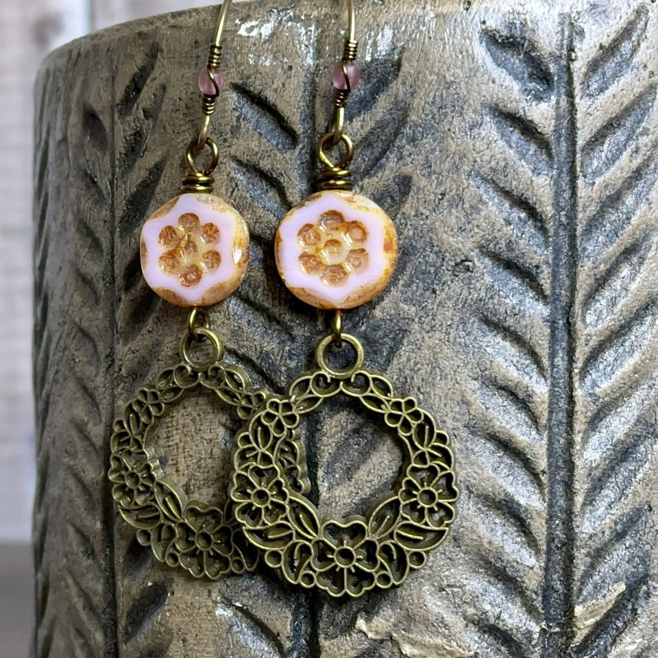 Pink Czech Glass Bead Earrings - Long Dangle Earrings for Spring - Pretty and Feminine Floral Jewellery