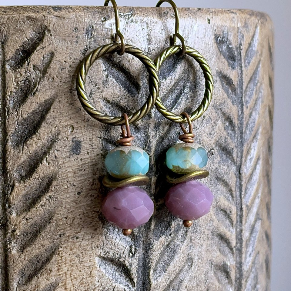 Colourful Lavender & Turquoise Glass Bead Earrings. Faceted Earrings. Brass Hoop Earrings. Bohemian Style Summer Jewellery