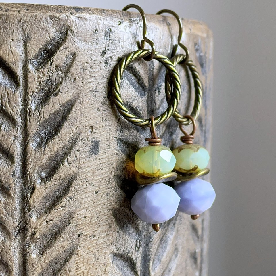 Pastel Lilac & Green Glass Bead Earrings. Faceted Earrings. Brass Hoop Earrings