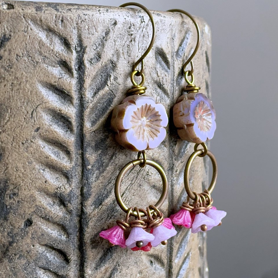 Spring Inspired Floral Earrings. Multi Colour Czech Glass Flower Earrings. Bohemian Style Cluster Earrings