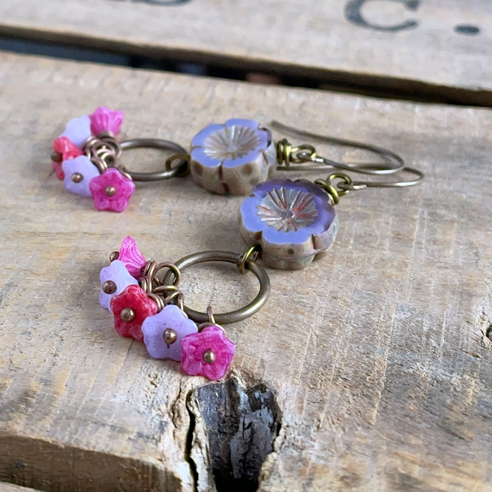 Spring Inspired Floral Earrings. Multi Colour Czech Glass Flower Earrings. Bohemian Style Cluster Earrings