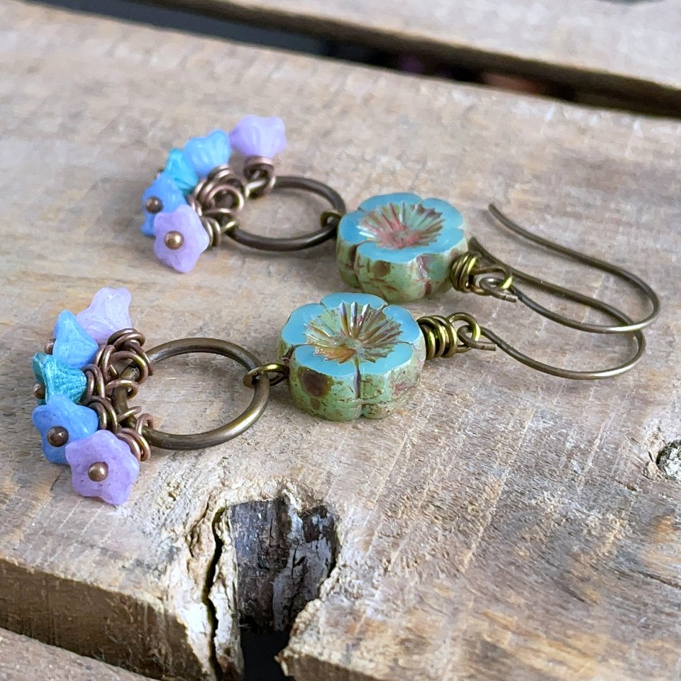 Colourful Czech Glass Flower Earrings. Cluster Earrings. Multi Colour Earrings. Boho Floral Earrings. Bohemian Style Jewellery