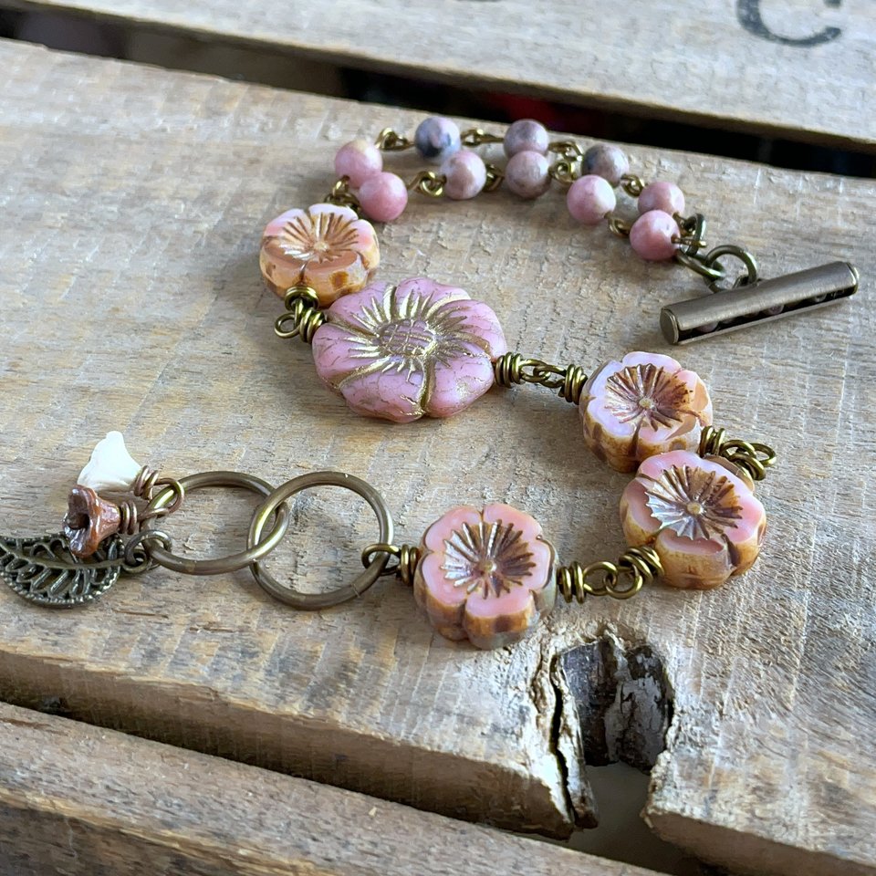 Coral Pink Czech Glass Flower Bracelet. Bohemian Style Wire Wrapped Bracelet. Rhodonite Bracelet