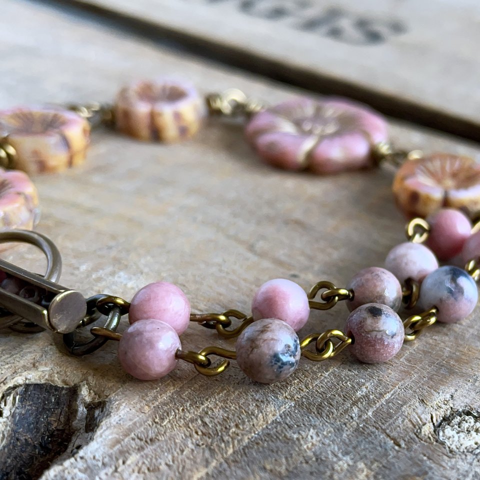 Coral Pink Czech Glass Flower Bracelet. Bohemian Style Wire Wrapped Bracelet. Rhodonite Bracelet