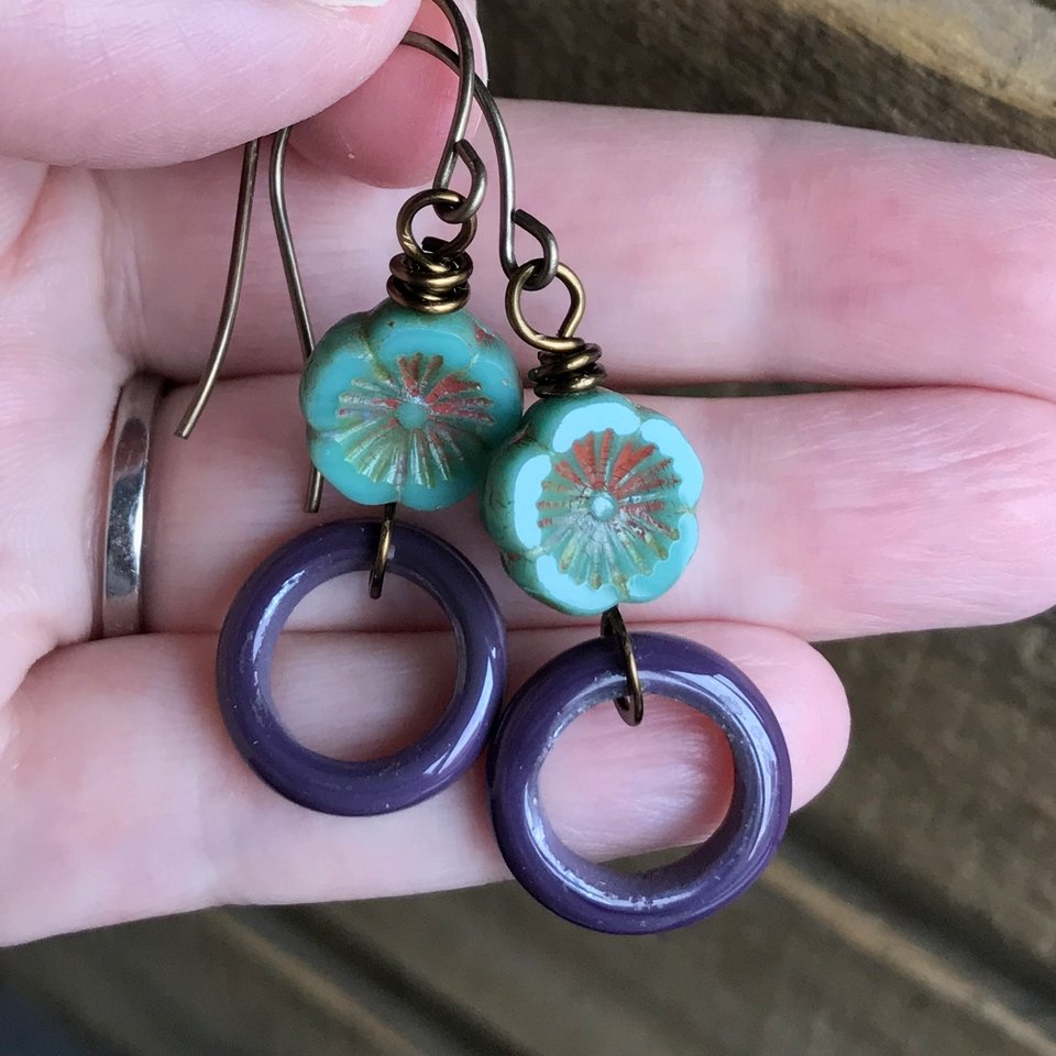 Boho Chic Floral Hoops, Artisan Lampwork Earrings, Unique Colourful Jewellery for Summer