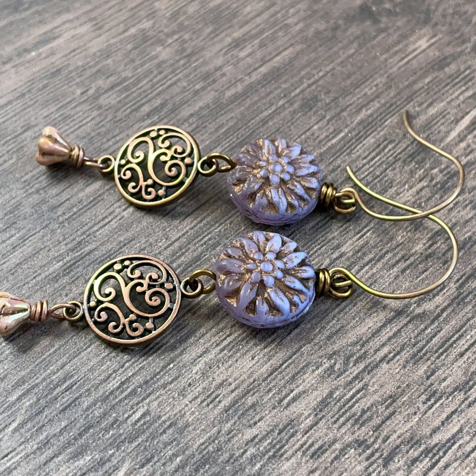 Rustic Czech Glass Flower Earrings. Dahlia Flower Earrings. Mauve & Copper Earrings. Bohemian Style Earrings