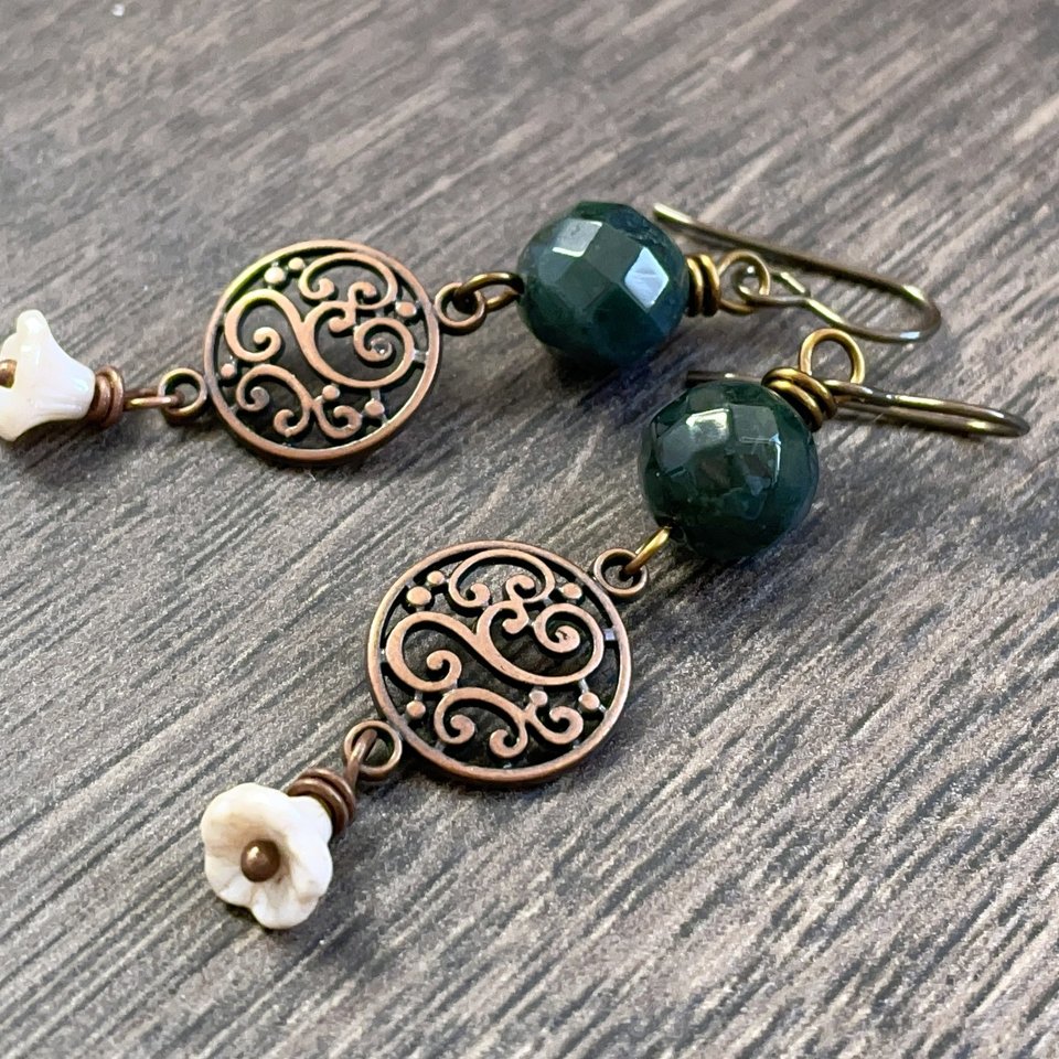 Dark Green Indian Agate Earrings with Glass Flowers - Bohemian Gemstone Jewellery