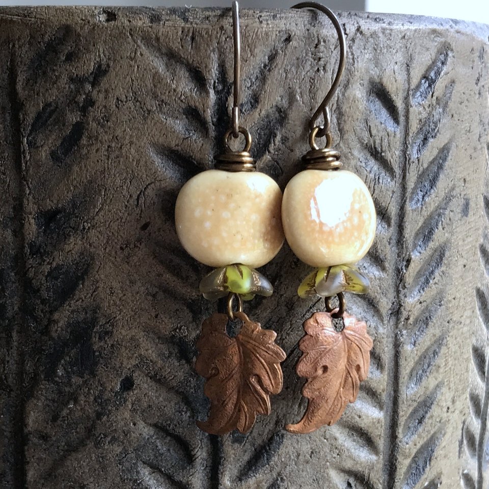 Copper Prairie Leaf Earrings. Rustic Leaf Earrings. Stacked Earrings. Ceramic Earrings
