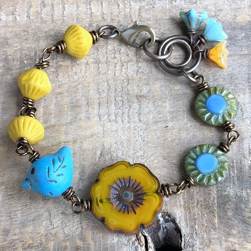 Yellow & Blue Czech Glass Bracelet. Whimsical One of a Kind Bracelet. Colourful Bird Bracelet