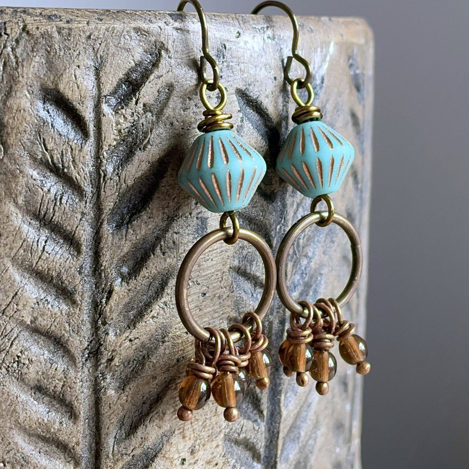 Turquoise & Amber Czech Glass Earrings. Bohemian Style Cluster Earrings. Autumnal Earrings