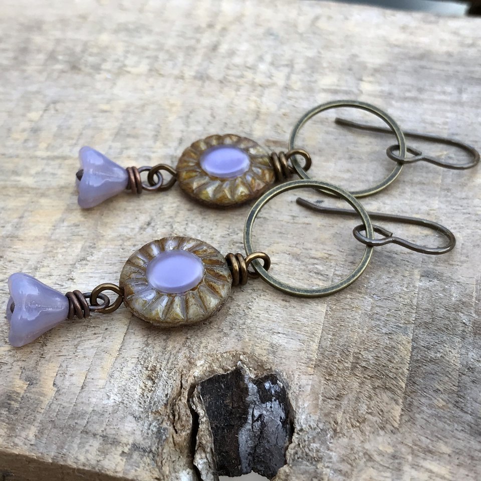Pretty Lilac Czech Glass Earrings - Bohemian Style Sunflower Drops. Handmade Spring Designs