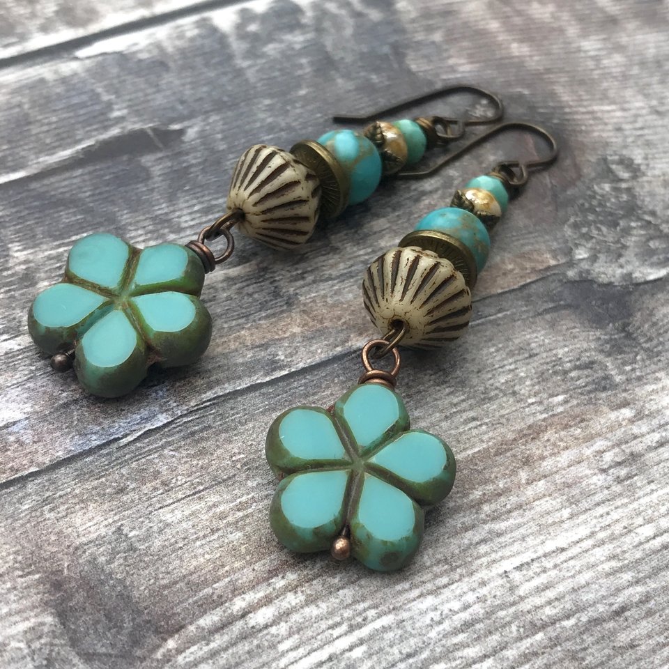 Aqua Czech Glass Flower Earrings - Colourful Boho Jewellery for Summer