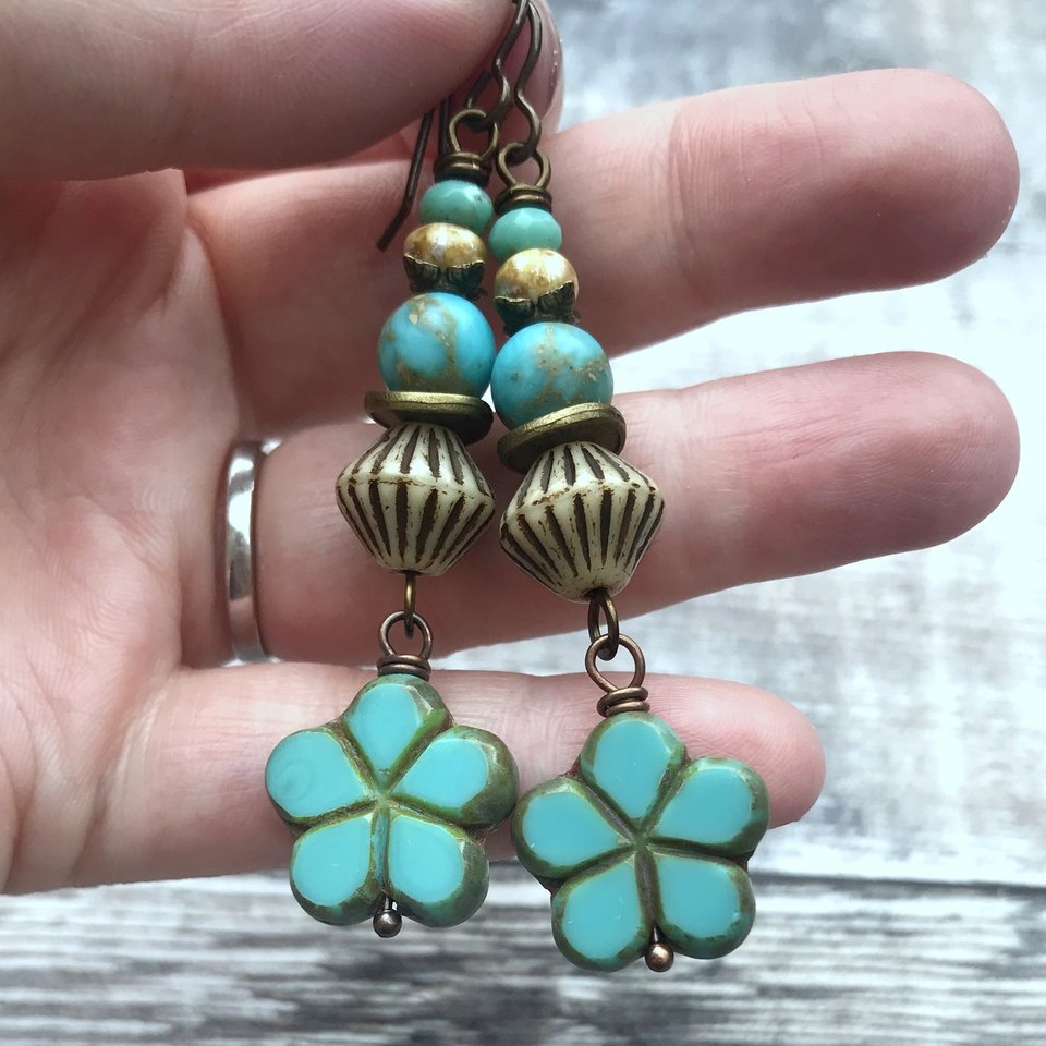 Aqua Czech Glass Flower Earrings - Colourful Boho Jewellery for Summer