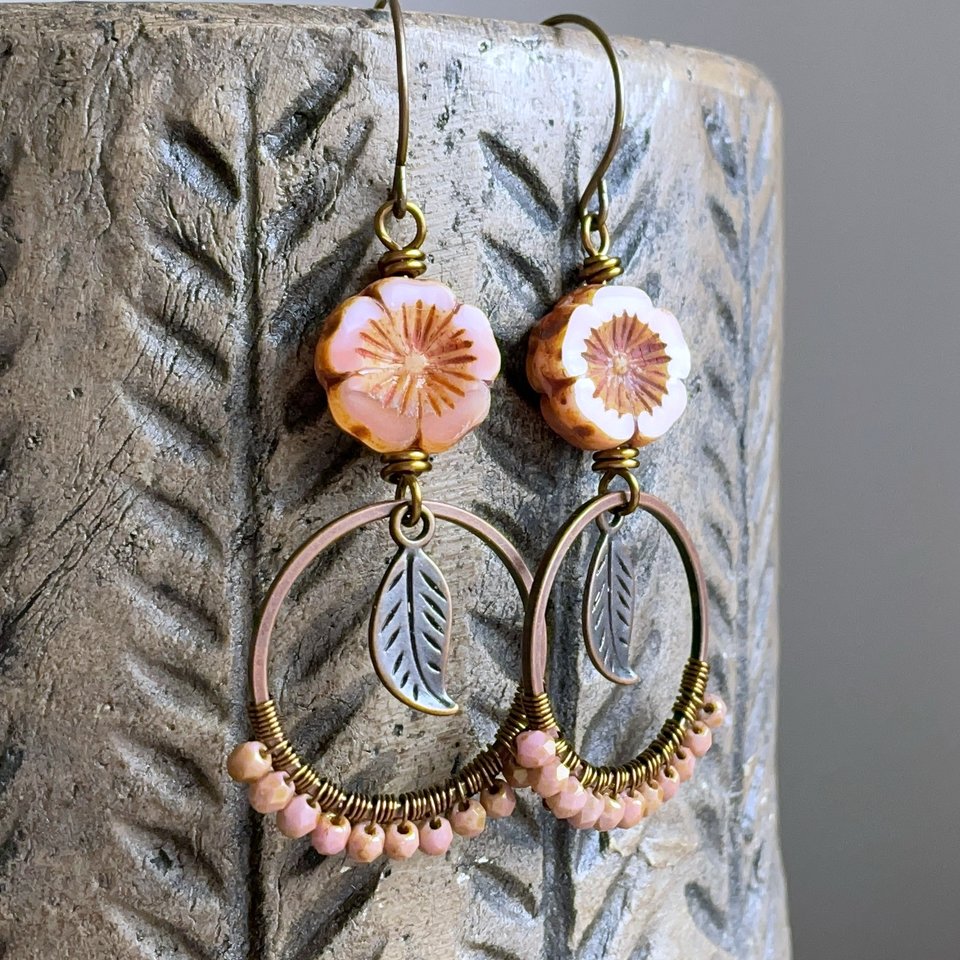 Bohemian Style Wire Wrapped Earrings. Coral Peach Glass Flower Earrings. Wire Work Earrings. Boho Hoop Earrings