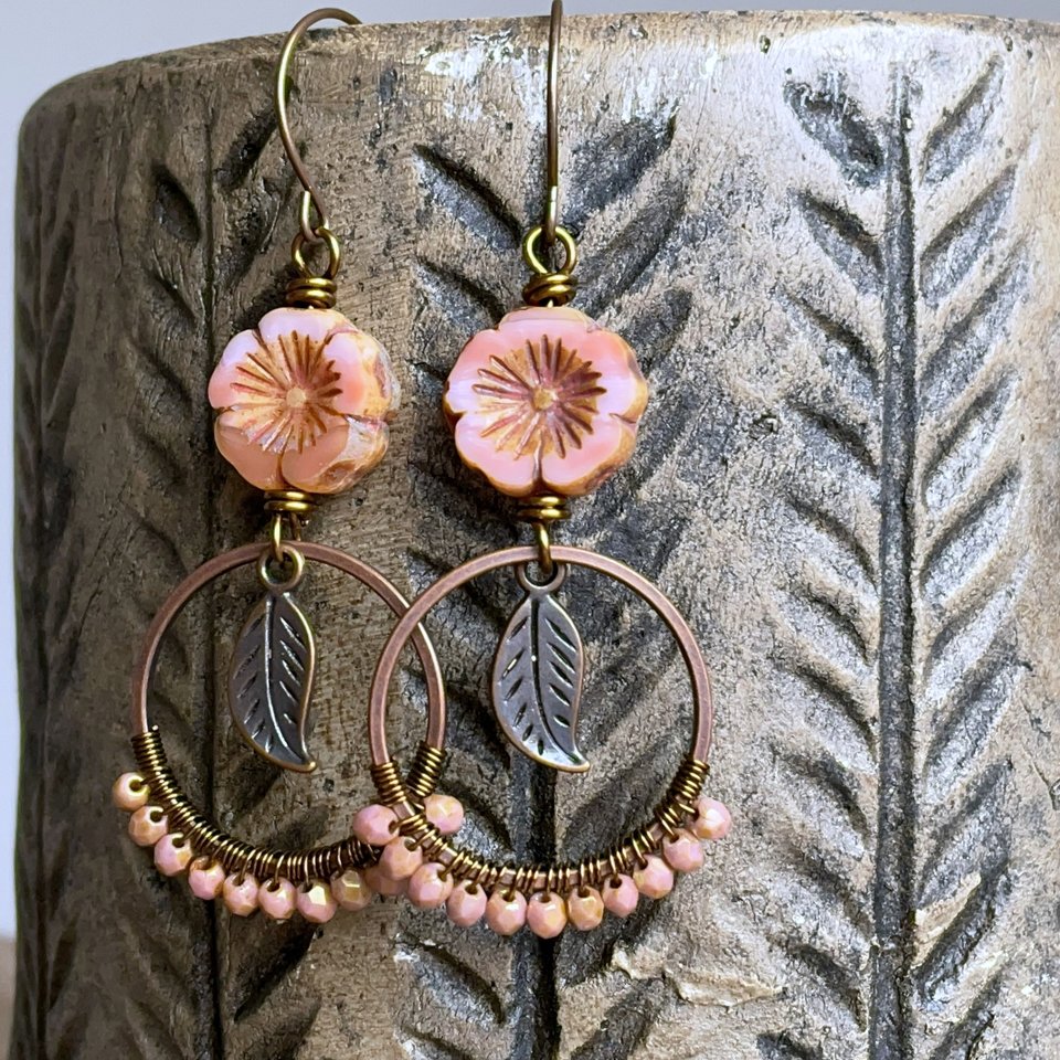 Bohemian Style Wire Wrapped Earrings. Coral Peach Glass Flower Earrings. Wire Work Earrings. Boho Hoop Earrings