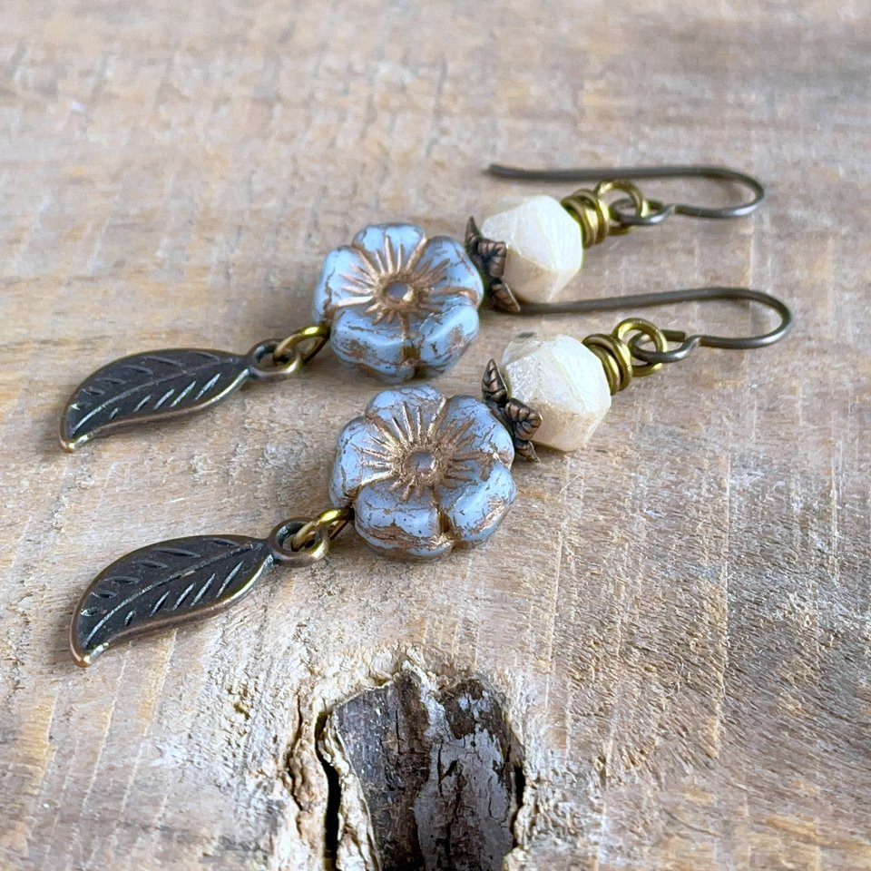 Sky Blue Czech Glass Flower Earrings. Petite Floral Earrings. Copper Leaf Earrings. Nature Inspired Jewellery