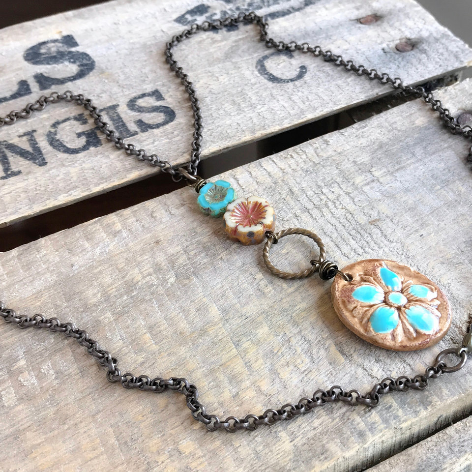 Rustic Ceramic Hibiscus Flower Necklace - Handcrafted Pendant on Long Brass Chain. Unique & Stylish Summer Accessory