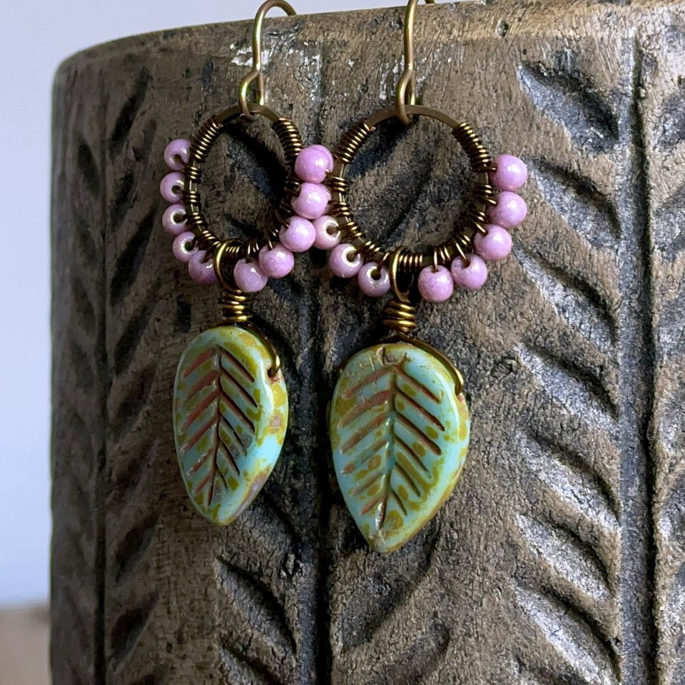 Earthy Turquoise Green Leaf Earrings - Wire Wrapped Czech Glass Hoops, Spring Inspired Jewellery