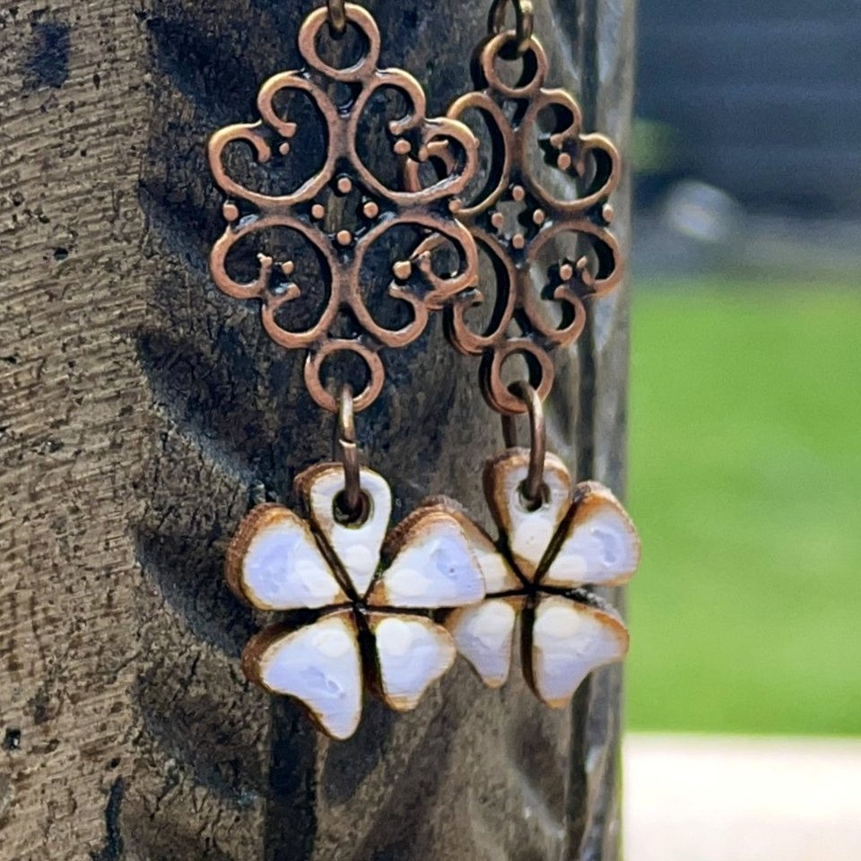 Wooden Azalea Blossom Earrings. Hand Painted Wood Charm Earrings. Copper Filigree Earrings