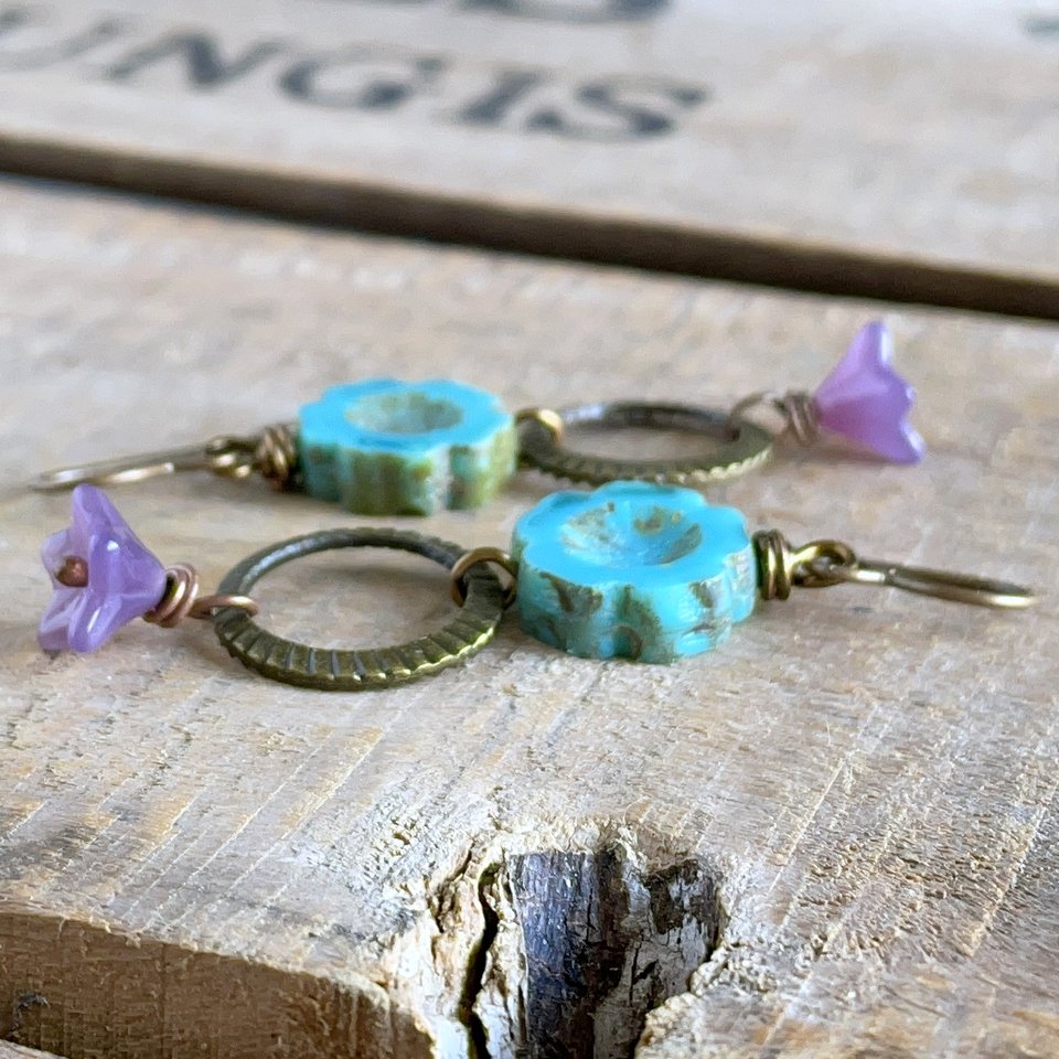 Bohemian Floral Earrings, Turquoise & Purple Glass Flowers, Colourful Czech Glass Jewellery, Summer Style
