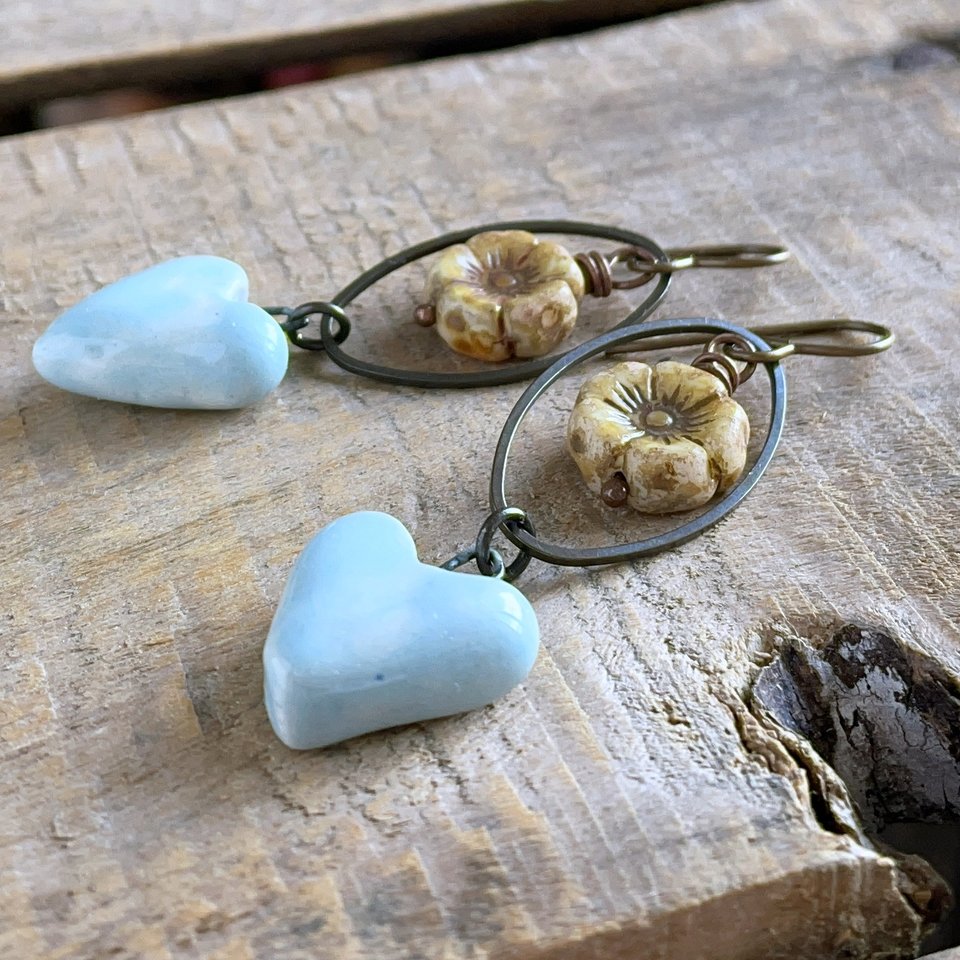 Handcrafted Blue Heart Earrings with Czech Glass Flowers – Artisan Ceramic Jewellery