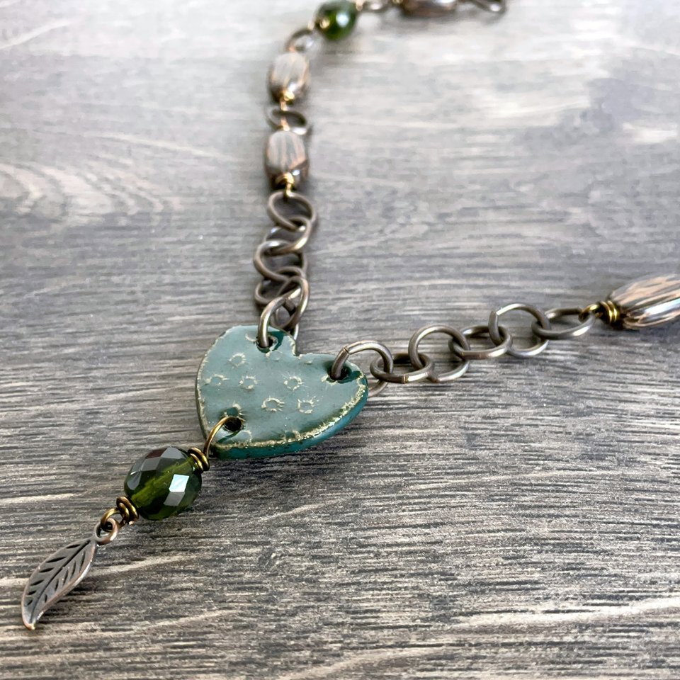Artisan Ceramic Heart Necklace. Pottery Pendant.  Emerald Green Pottery Necklace. Brass Necklace