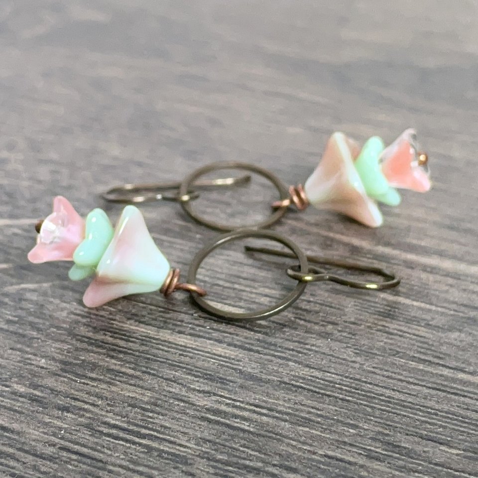 Spring Inspired Bell Flower Earrings - Pink & Mint Green. Pastel Czech Glass Jewellery. Floral Dangles