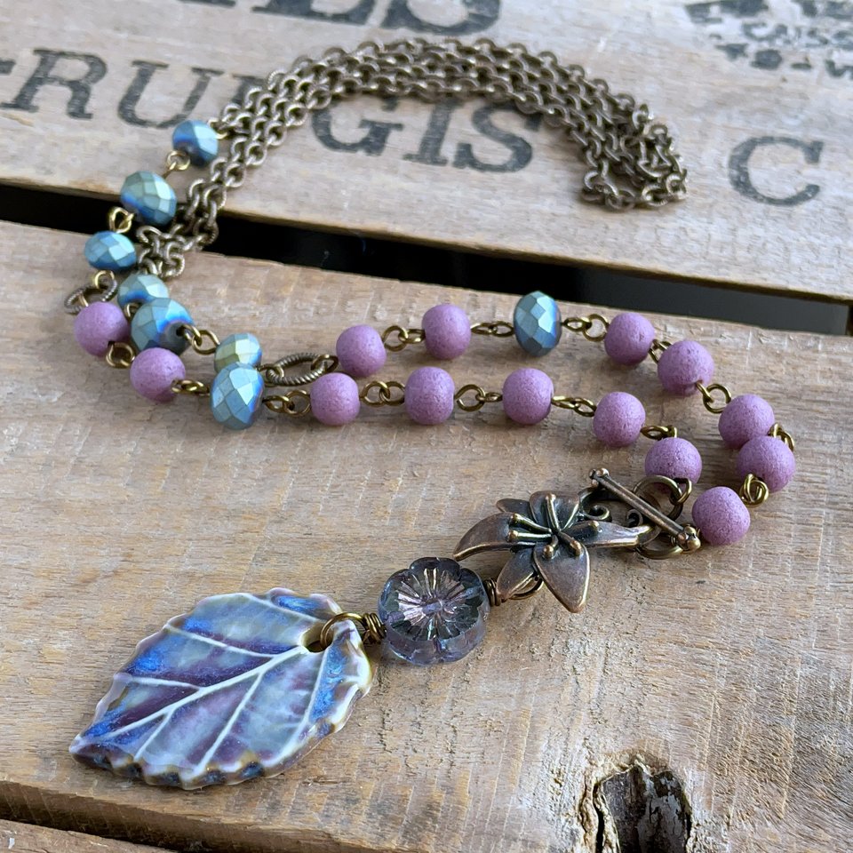 Artisan Ceramic Leaf Necklace. Pottery Pendant. Orchid Purple & Blue Glass Bead Necklace. Mixed Media Necklace