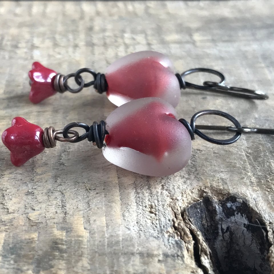 Red Lampwork Glass Heart Earrings – One of a Kind Handmade Jewellery. Unique Gift Idea