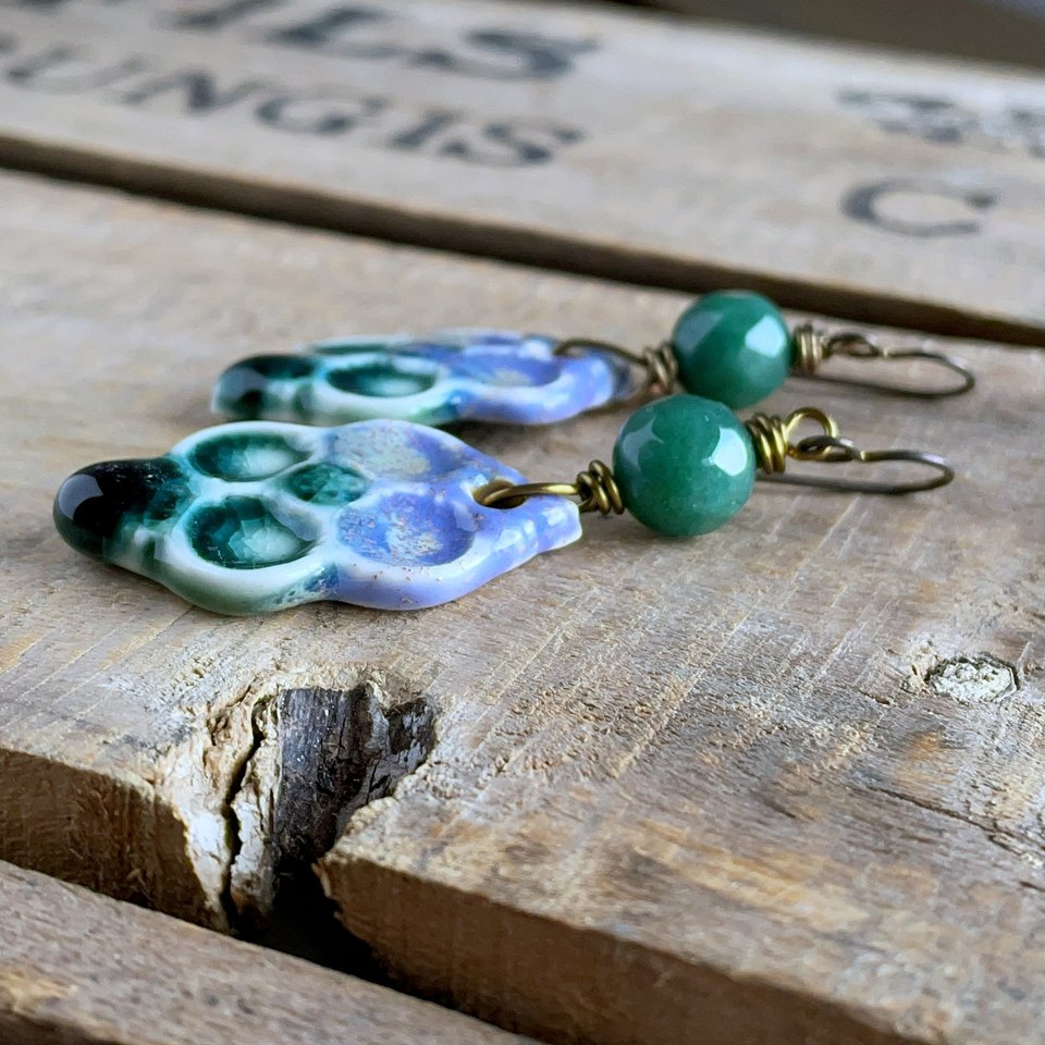 Lilac & Green Artisan Ceramic Earrings. Bohemian Style Statement Earrings. Pottery Earrings. One of a Kind Earrings