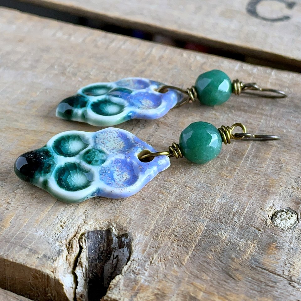 Lilac & Green Artisan Ceramic Earrings. Bohemian Style Statement Earrings. Pottery Earrings. One of a Kind Earrings