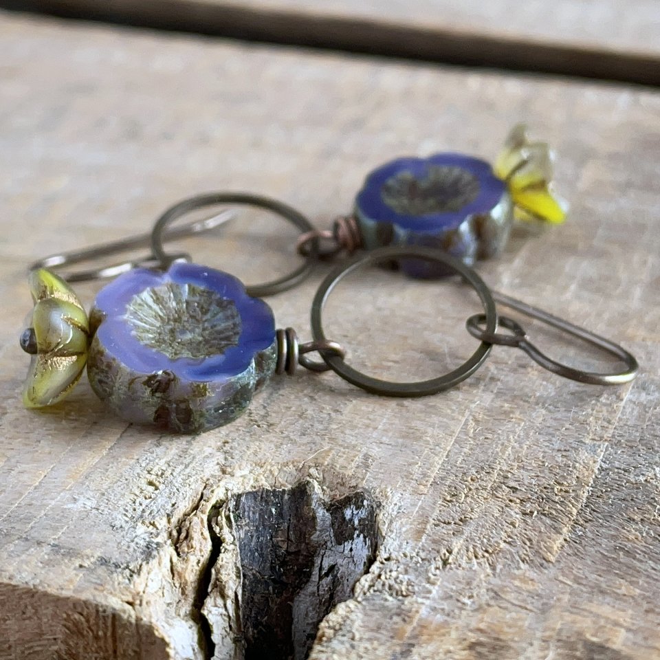 Purple & Green Glass Flower Earrings - Bohemian Floral Accessories - Handmade Nature Inspired Jewellery