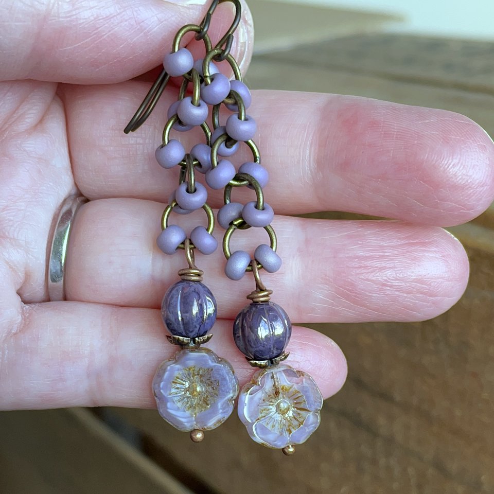 Lavender Purple Czech Glass Flower Earrings. Floral Earrings. Lightweight Chain Earrings. Simple Everyday Jewelry