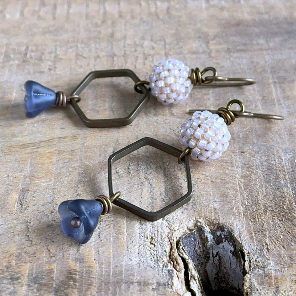 Hand Antiqued Brass Hexagon Earrings - Artisan Beaded Bohemian Jewellery - One of a Kind 