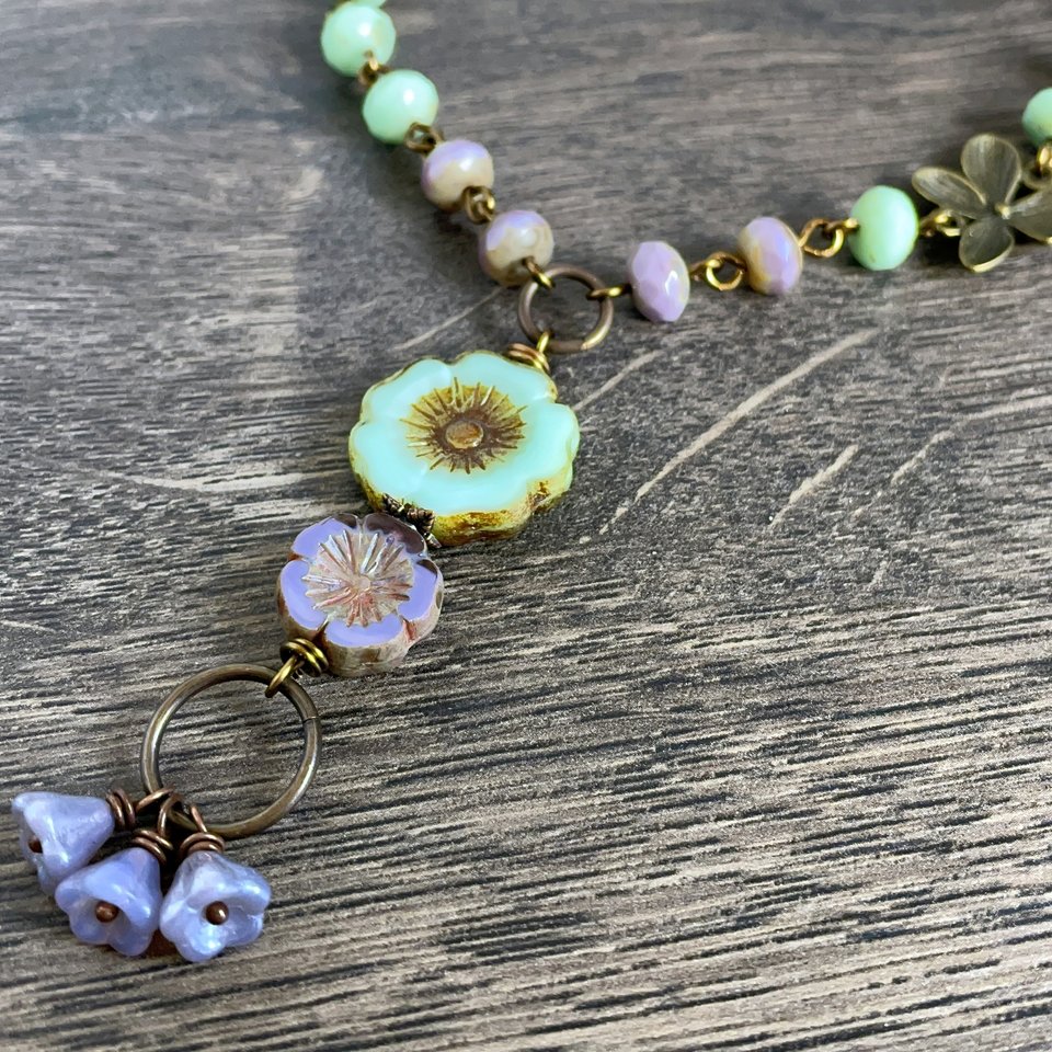 Czech Glass Flower Necklace. Lavender & Mint Green Floral Necklace. Bohemian Style Necklace