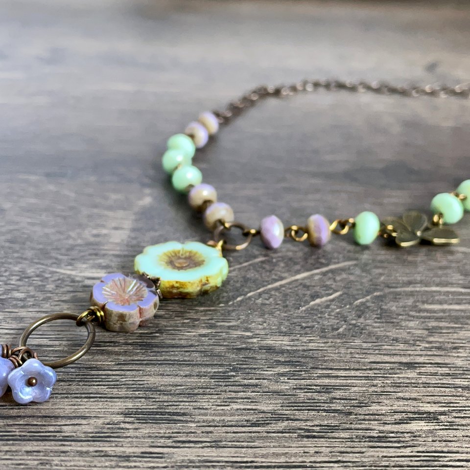 Czech Glass Flower Necklace. Lavender & Mint Green Floral Necklace. Bohemian Style Necklace