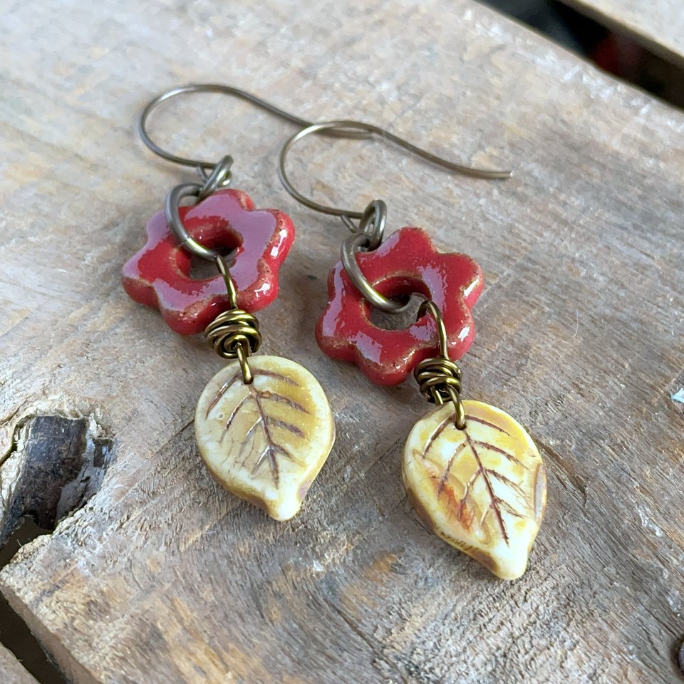 Rustic Red Artisan Ceramic Flower Earrings. Glass Leaf Earrings. Bohemian Style Jewellery. Nature Inspired Jewellery