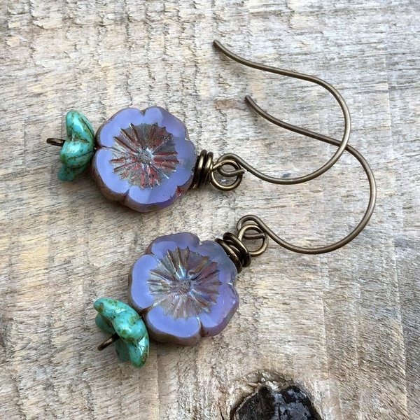 Purple & Turquoise Czech Glass Flower Earrings - Lavender Floral Design - Rustic Nature Lover Jewellery