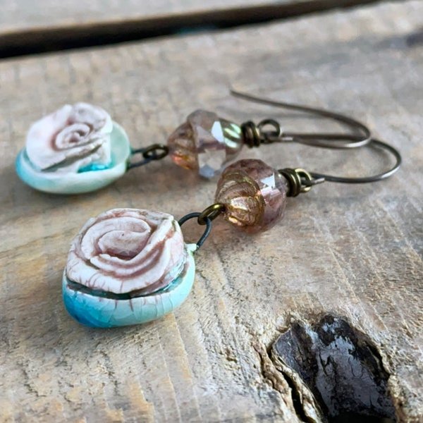 Handcrafted Ceramic Rose Earrings - Nature Inspired Jewellery Gift, One of a Kind