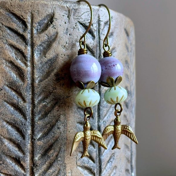 Flying Bird Earrings – Whimsical Boho Style. Purple & Green Dangles. Artisan Handcrafted Jewellery