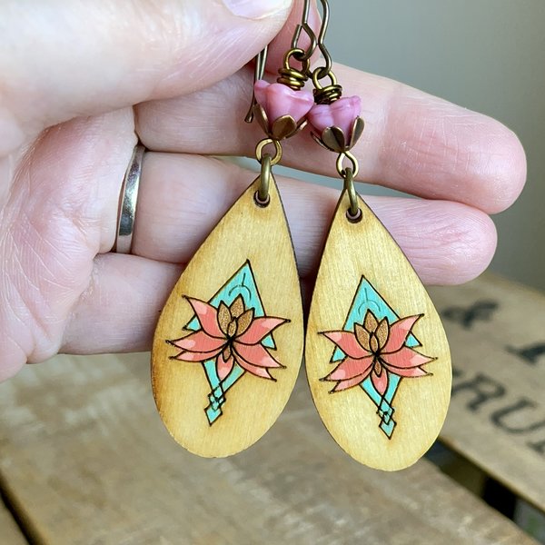Colourful Wooden Charm Earrings. Hand Painted Earrings. Coral Pink & Turquoise Earrings