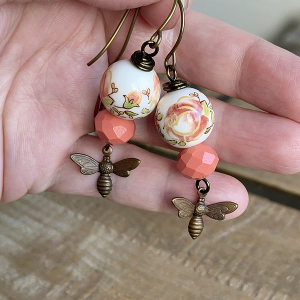 Brass Bumble Bee Earrings. Coral Peach Earrings. Whimsical Glass & Ceramic Earrings