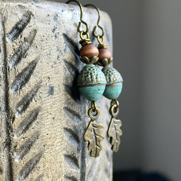 Rustic Czech Glass Acorn Earrings. Turquoise & Bronze Earrings. Oak Leaf Charm Earrings. Woodland Earrings