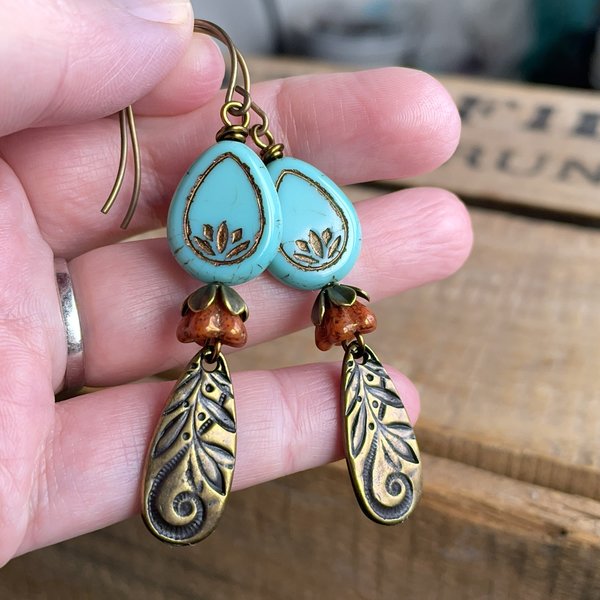 Colourful Czech Glass Lotus Flower Earrings. Turquoise Lotus Blossom Earrings. Teardrop Earrings. Brass Charm Earrings
