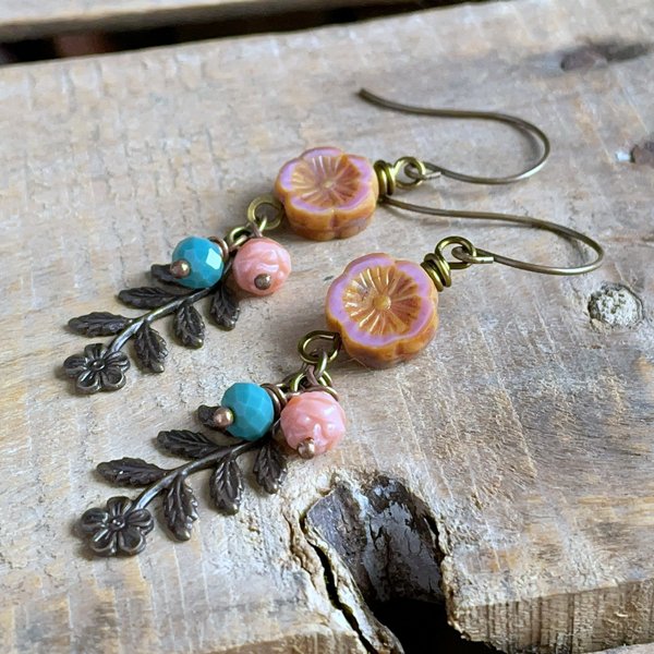 Spring Inspired Floret Charm Earrings. Brass Earrings. Coral Pink & Teal Green Earrings. Czech Glass Flower Earrings