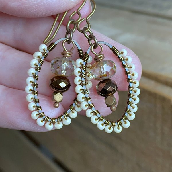Elegant Cream & Bronze Czech Glass Earrings. Wire Wrapped Hoop Earrings. Wirework Earrings. Stacked Earrings