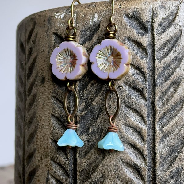Lavender and Blue Floral Czech Glass Earrings. Boho Flower Jewellery for Spring. Nature Lover Gift Ideas