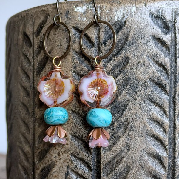 Spring Inspired Stacked Czech Glass Flower Earrings. Rose Pink & Green Floral Earrings. Glass Flower Earrings